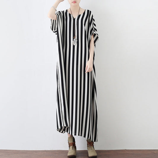 Schwarz-weiß gestreifte Sommerkleider übergroße Chiffon-Kaftane Plus Size Maxikleid Strandkleider Sommerkleid