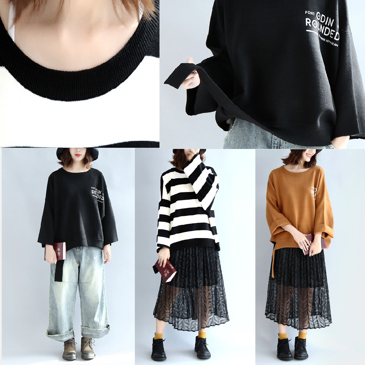 Schwarze kurze Wolloberteile für Damen in Übergröße, Winterkleidung, Übergrößen-T-Shirts