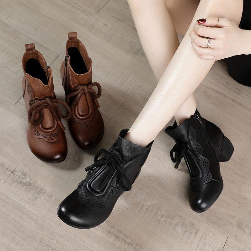 Black zippered Cowhide Leather Boots Lace Up Boots - SooLinen