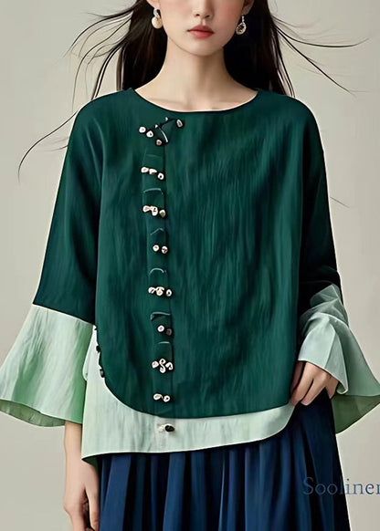 Schwarzgrünes Patchwork-Leinenoberteil mit übergroßen Schlagärmeln