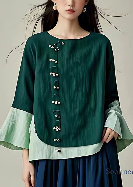 Schwarzgrünes Patchwork-Leinenoberteil mit übergroßen Schlagärmeln