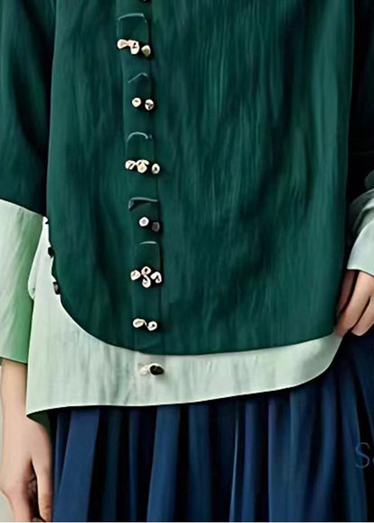 Schwarzgrünes Patchwork-Leinenoberteil mit übergroßen Schlagärmeln