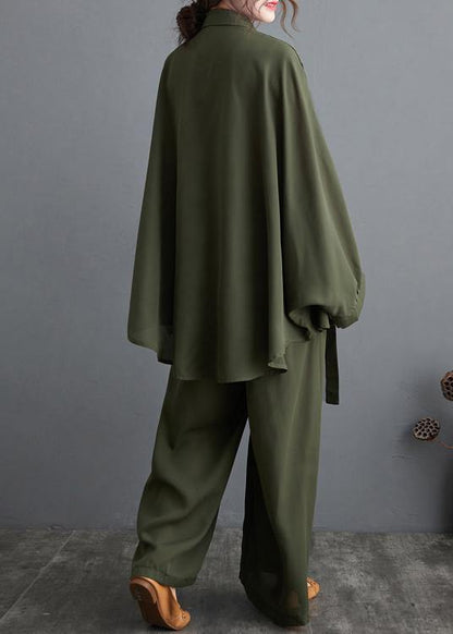Blackish Green Two Piece Leisure Wide Legged Pants With Spring Art Loose Chiffon Shirt - SooLinen