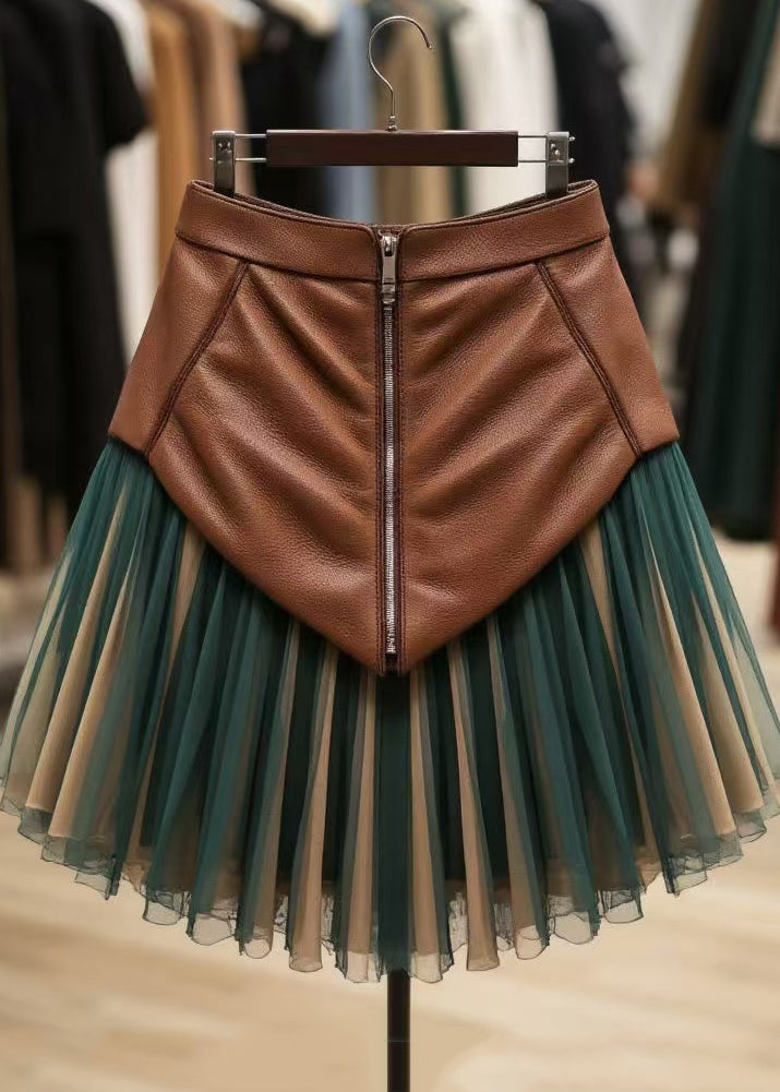 Blackish Green Zippered High Waist Tulle Patchwork Faux Leather Skirt
