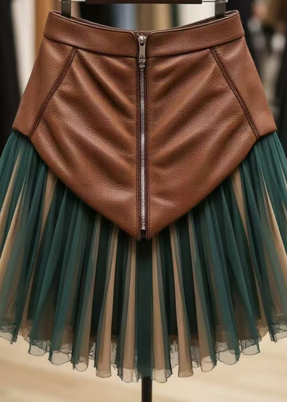 Blackish Green Zippered High Waist Tulle Patchwork Faux Leather Skirt