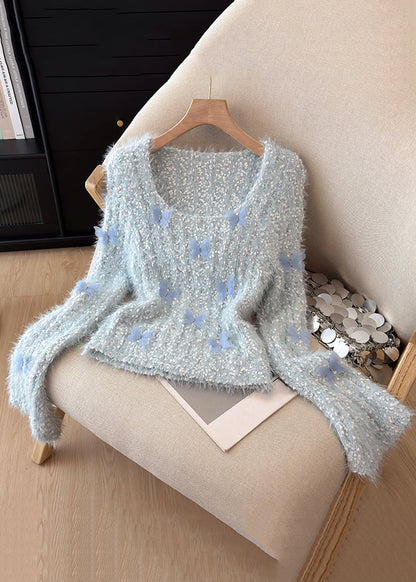 Blue Butterfly Thick Knit Sweater Square Collar Flare Sleeve