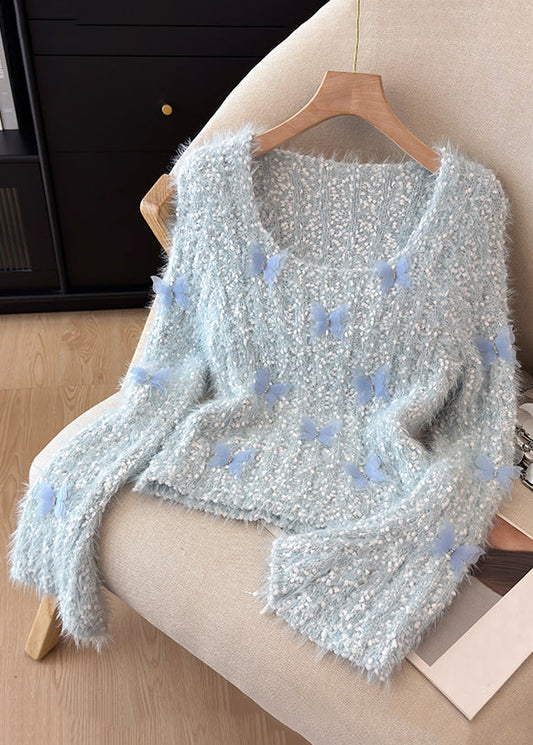 Blue Butterfly Thick Knit Sweater Square Collar Flare Sleeve