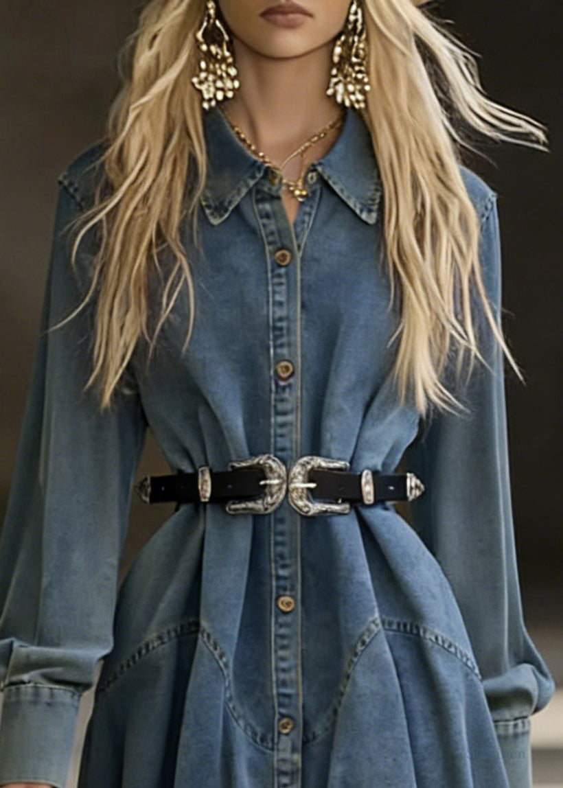 Blue Button Denim Mid Dress Peter Pan Collar Spring