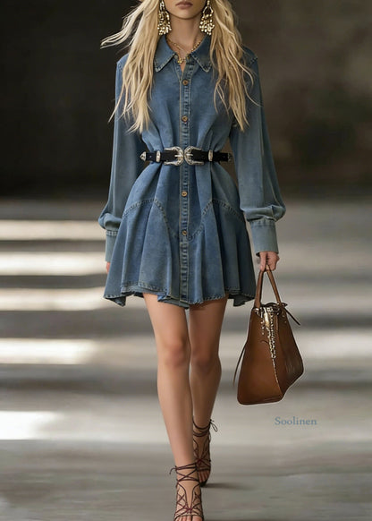 Blue Button Denim Mid Dress Peter Pan Collar Spring