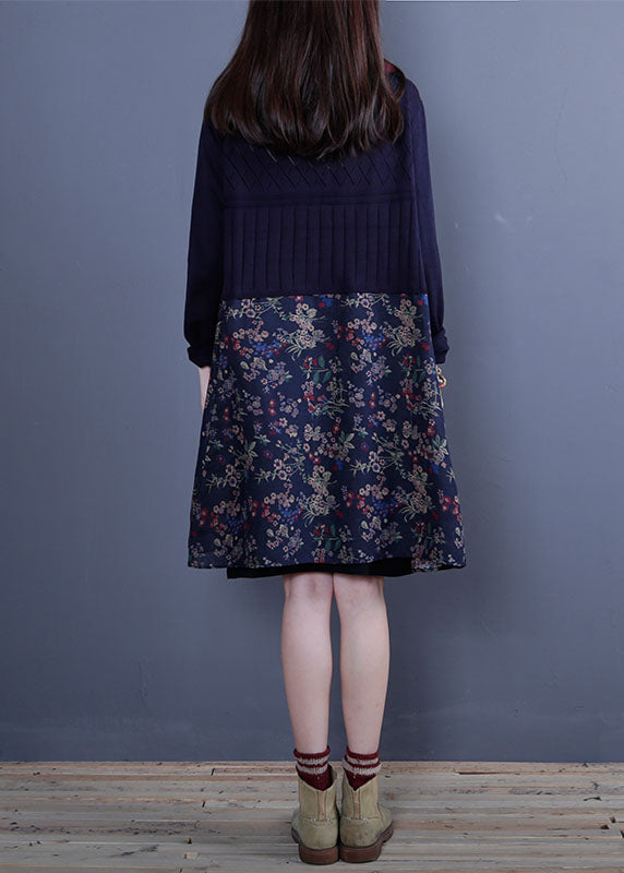 Blaue, lockere Frühlings-Strickjacken mit Patchwork-Print und Knöpfen