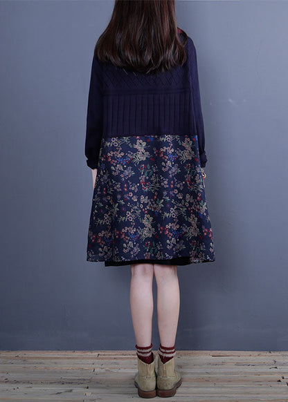 Blaue, lockere Frühlings-Strickjacken mit Patchwork-Print und Knöpfen