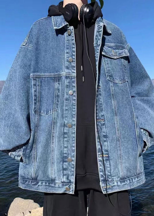 Blue Button Pockets Fall Denim Men Coat Peter Pan Collar