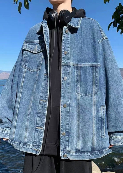 Blue Button Pockets Fall Denim Men Coat Peter Pan Collar