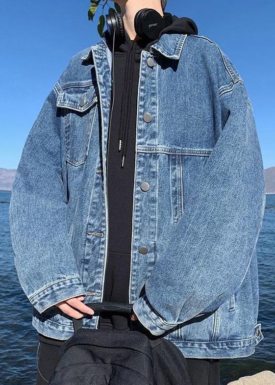 Blue Button Pockets Fall Denim Men Coat Peter Pan Collar