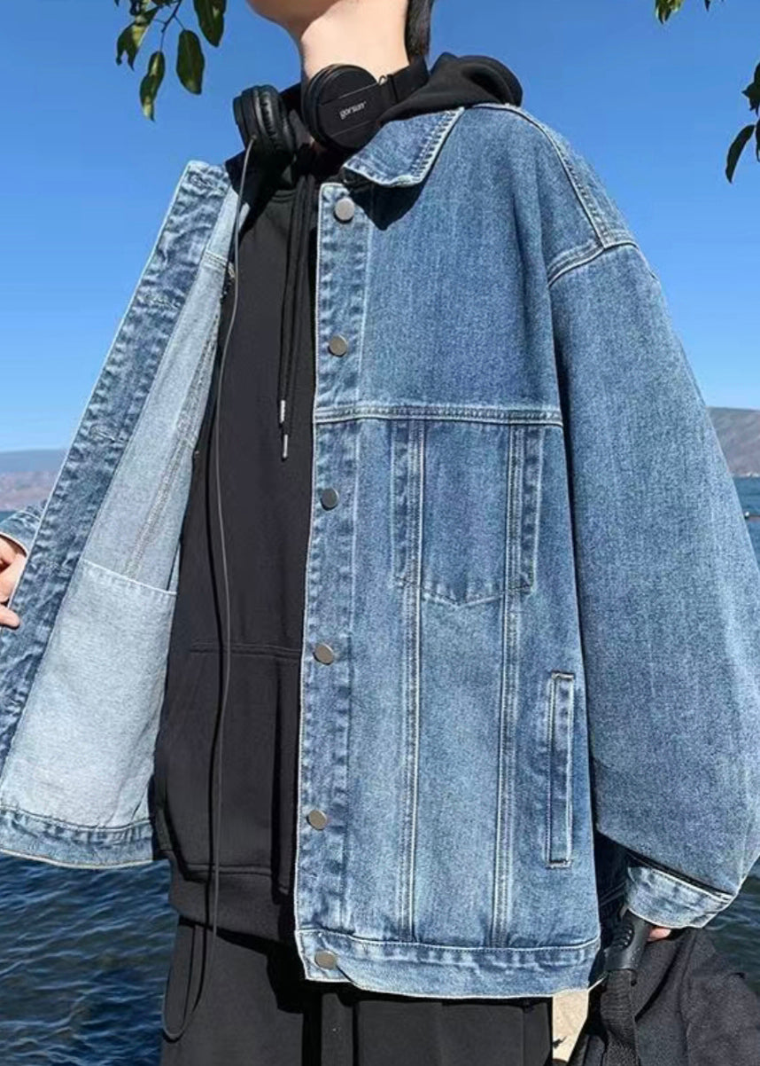 Blue Button Pockets Fall Denim Men Coat Peter Pan Collar