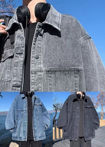Blue Button Pockets Fall Denim Men Coat Peter Pan Collar