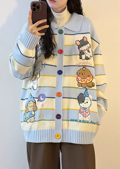 Blue Button Striped Cozy Knit Coats Peter Pan Collar