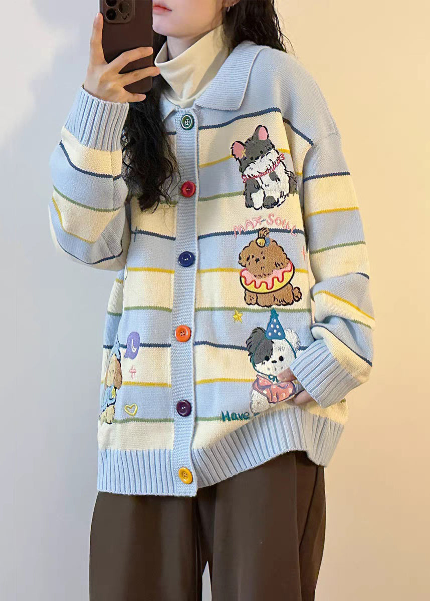 Blue Button Striped Cozy Knit Coats Peter Pan Collar