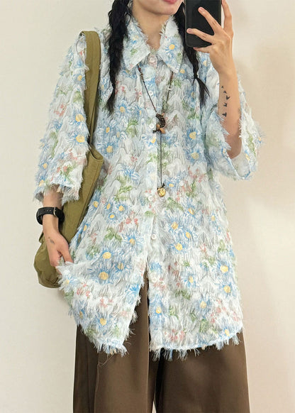 Blue Button Tasseled Cotton Shirt Peter Pan Collar Short Sleeve