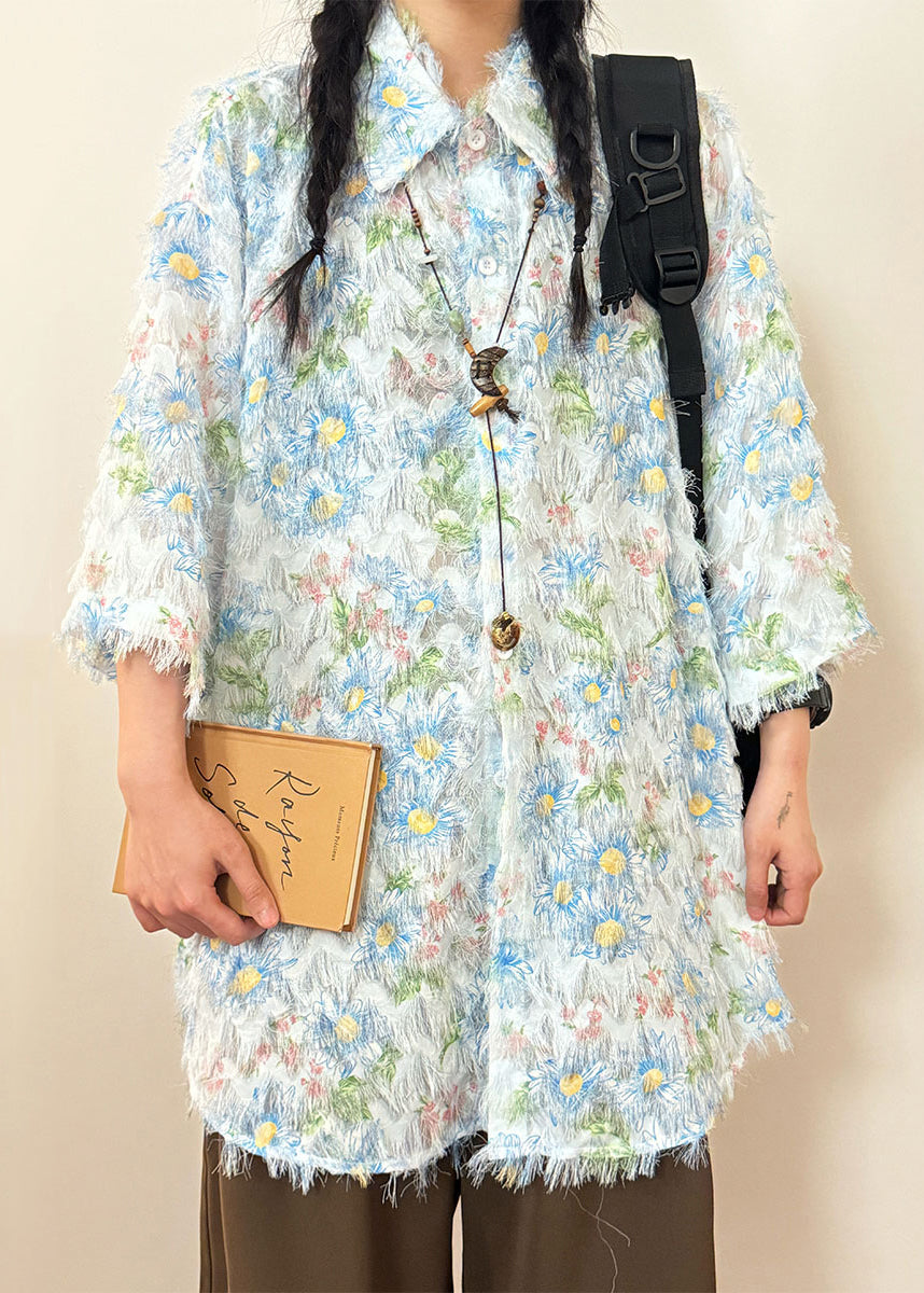 Blue Button Tasseled Cotton Shirt Peter Pan Collar Short Sleeve