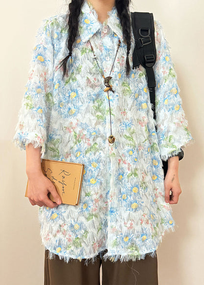 Blue Button Tasseled Cotton Shirt Peter Pan Collar Short Sleeve