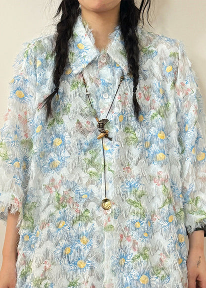 Blue Button Tasseled Cotton Shirt Peter Pan Collar Short Sleeve