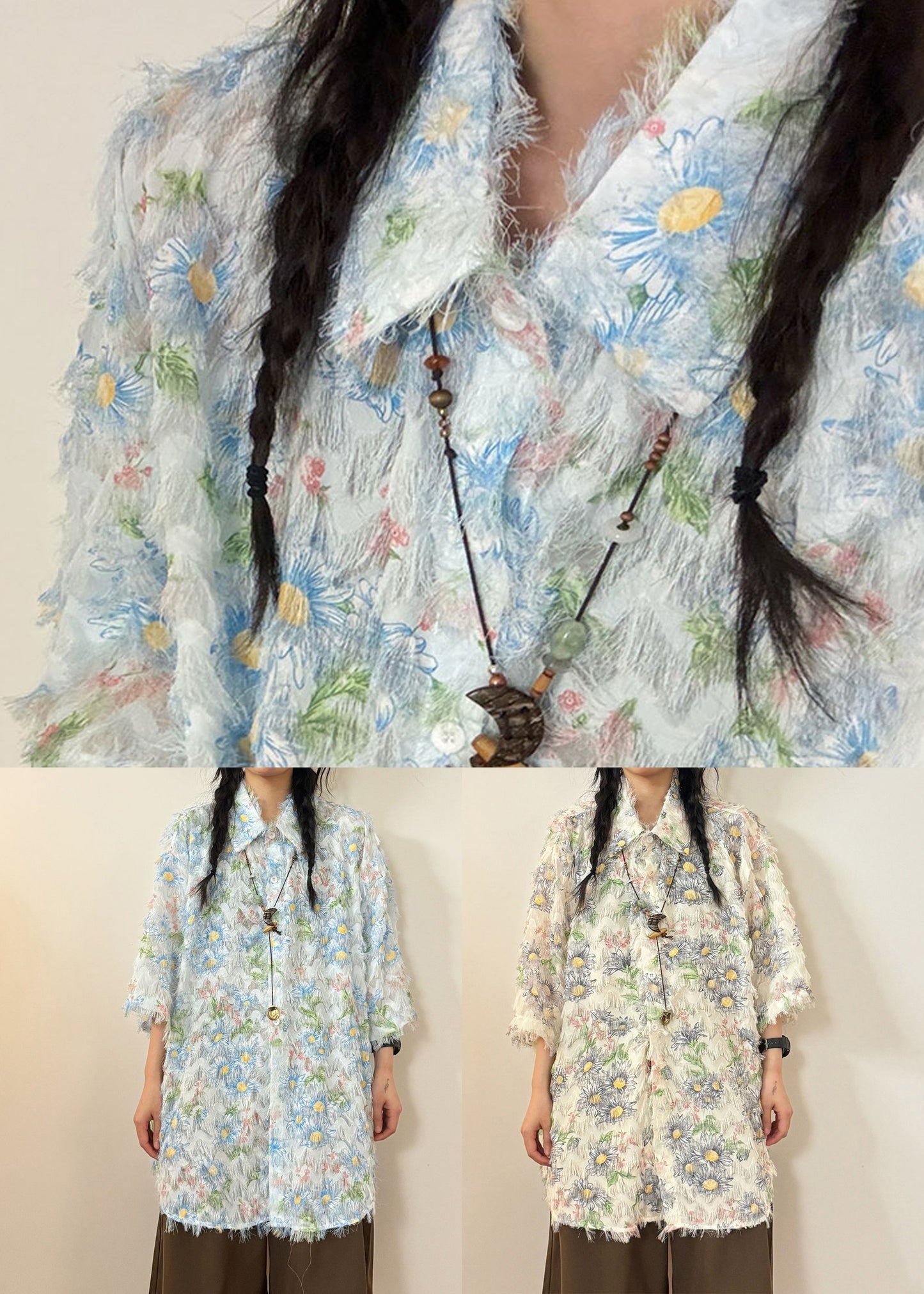 Blue Button Tasseled Cotton Shirt Peter Pan Collar Short Sleeve