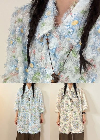 Blue Button Tasseled Cotton Shirt Peter Pan Collar Short Sleeve