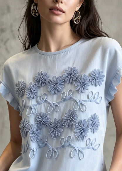 Blue Cotton Blouses Embroidered Ruffled Summer