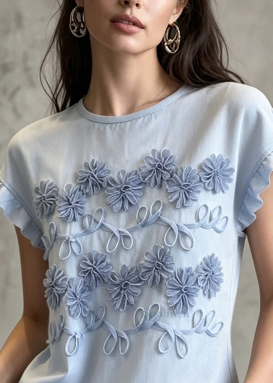 Blue Cotton Blouses Embroidered Ruffled Summer