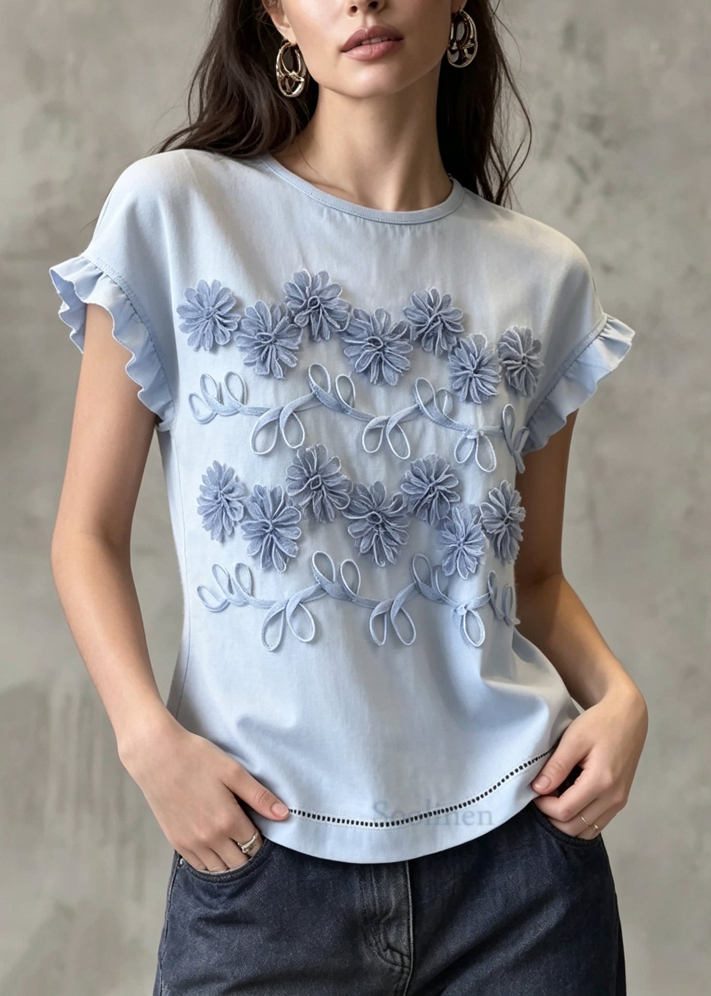 Blue Cotton Blouses Embroidered Ruffled Summer