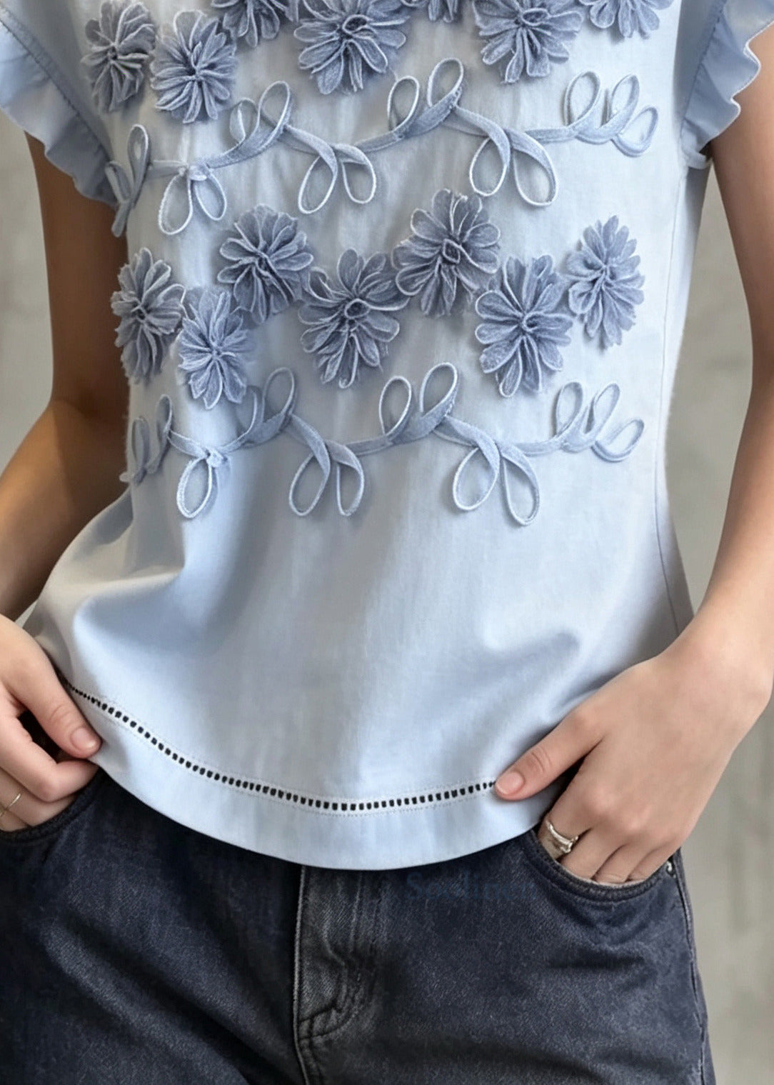 Blue Cotton Blouses Embroidered Ruffled Summer