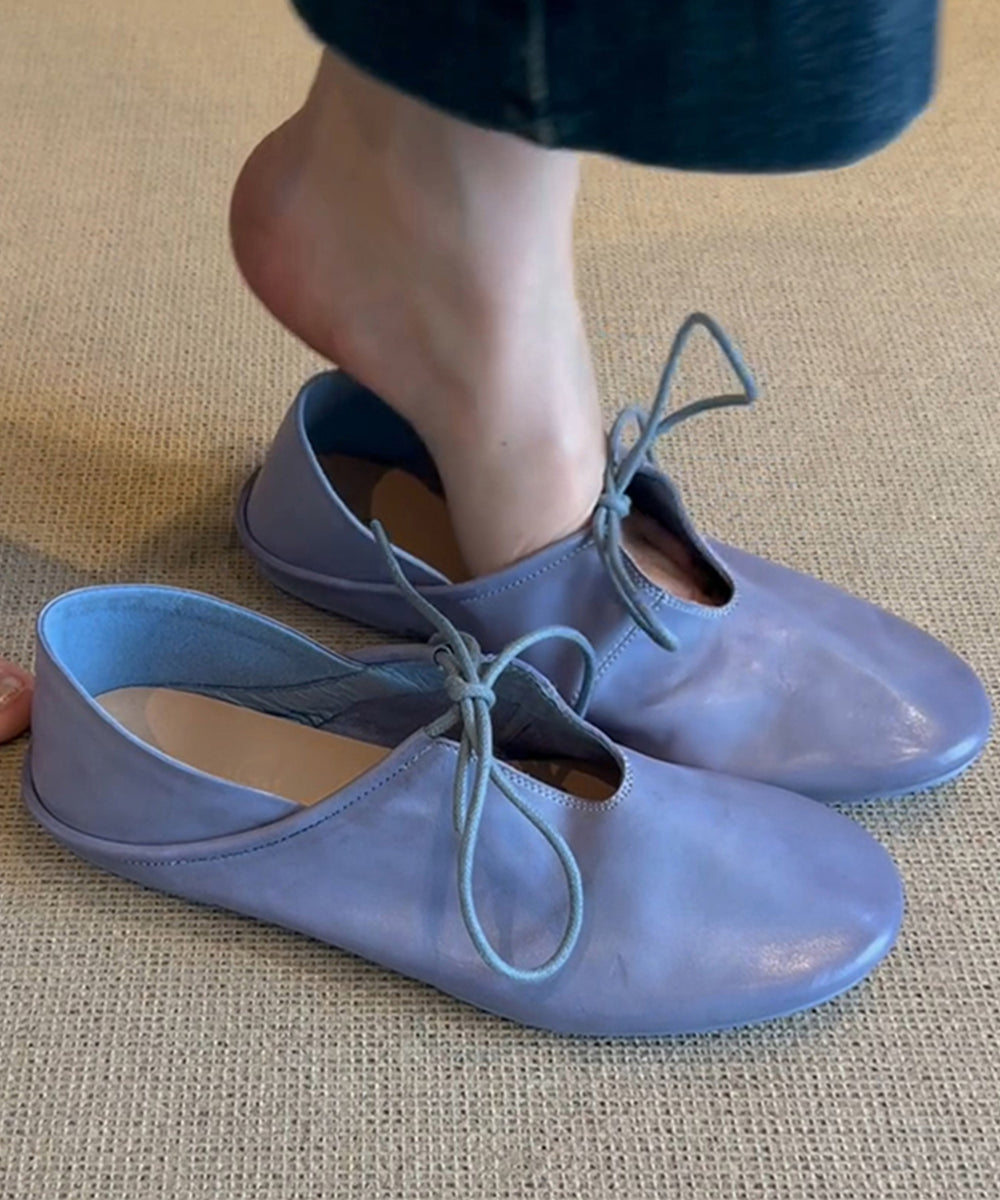 Blue Cowhide Leather Lace Up Splicing Flat Shoes Women