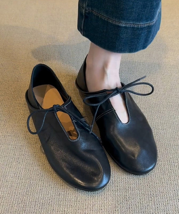 Blue Cowhide Leather Lace Up Splicing Flat Shoes Women