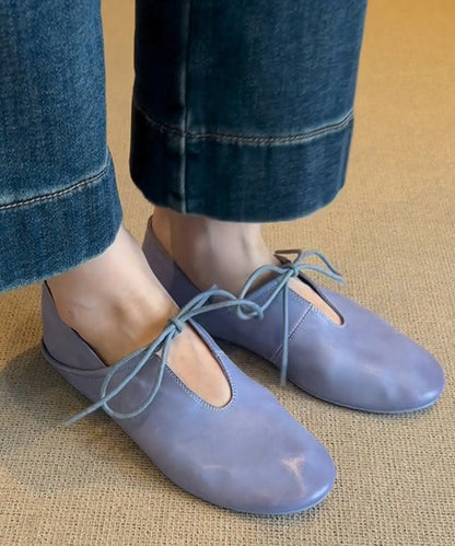 Blue Cowhide Leather Lace Up Splicing Flat Shoes Women