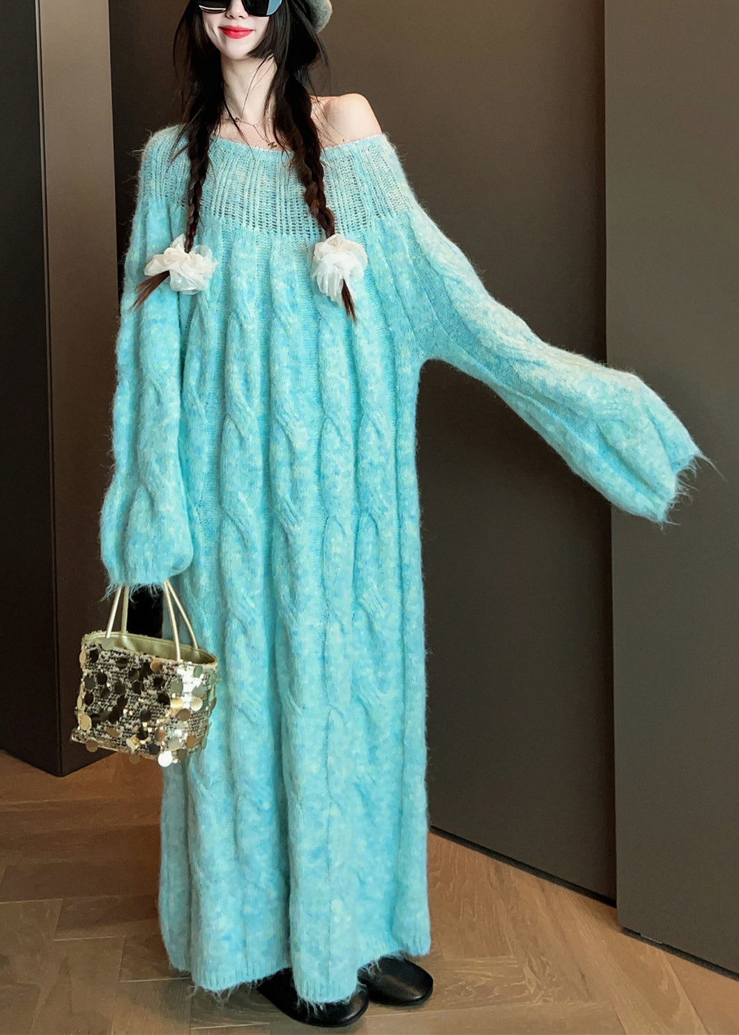 Blue Cozy Cable Knit Sweater Dress Hollow Out