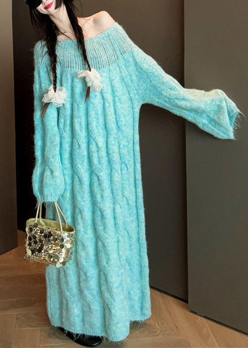 Blue Cozy Cable Knit Sweater Dress Hollow Out