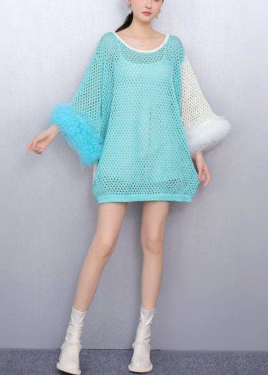 Blue Cozy Patchwork Knit Tops Asymmetrical