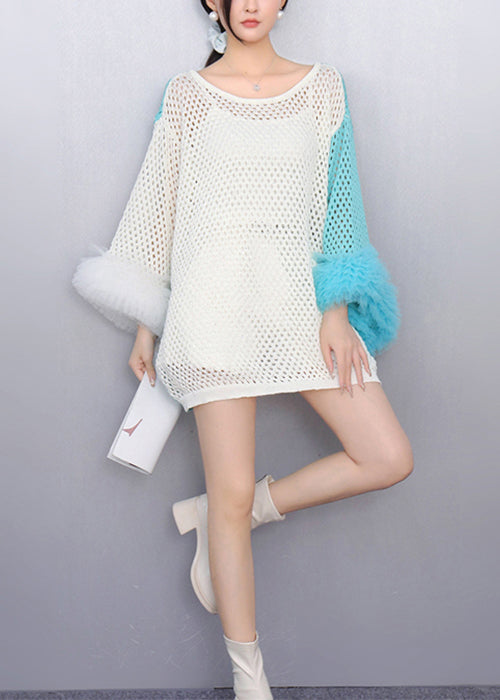 Blue Cozy Patchwork Knit Tops Asymmetrical