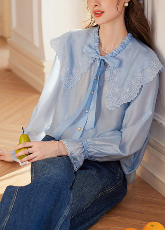 Blue Embroidered Floral Tie Lace Tops Spring