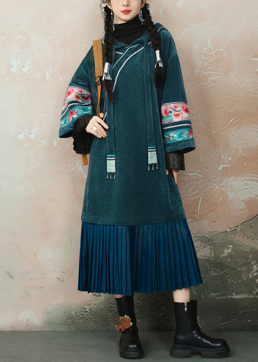 Blue Embroidered Wrinkled Patchwork Chenille Long Dress Hooded