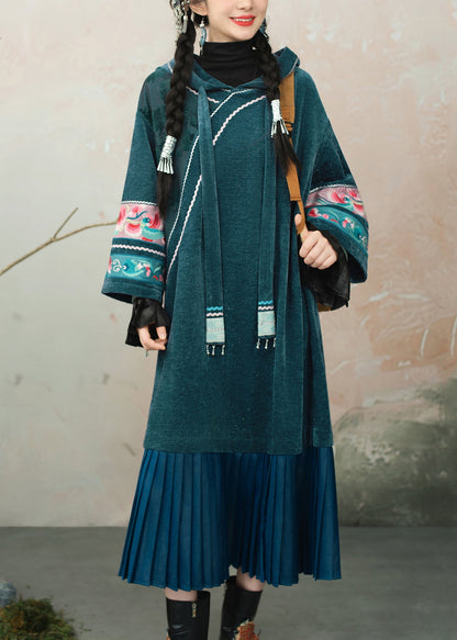 Blue Embroidered Wrinkled Patchwork Chenille Long Dress Hooded