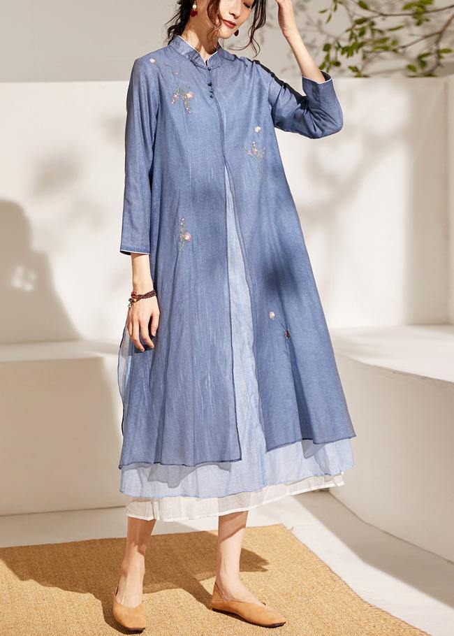 Blue Embroideried Patchwork Button Summer Blended Holiday Dress - SooLinen