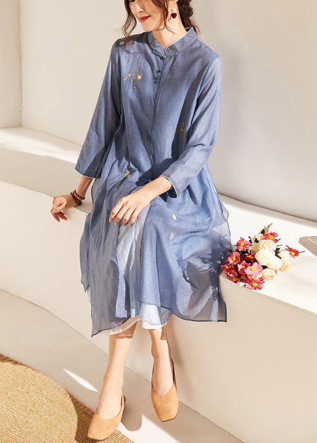 Blue Embroideried Patchwork Button Summer Blended Holiday Dress - SooLinen