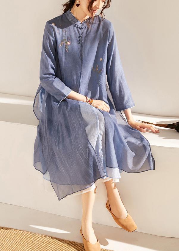 Blue Embroideried Patchwork Button Summer Blended Holiday Dress - SooLinen