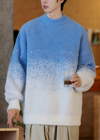 Blue Gradient Color Thick Knit Winter Men Sweater O Neck