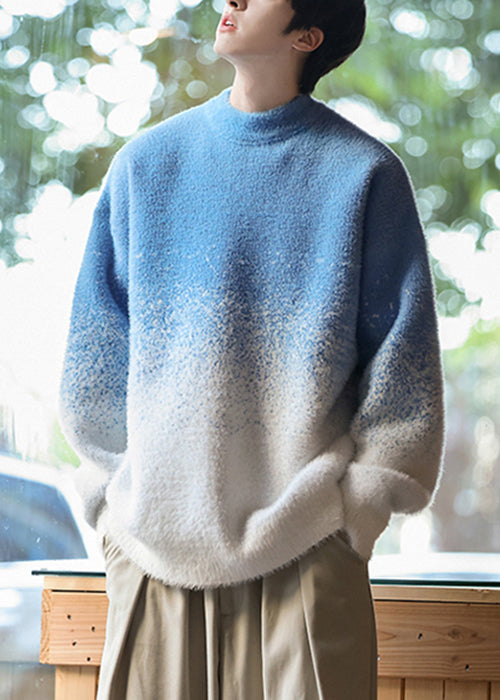 Blue Gradient Color Thick Knit Winter Men Sweater O Neck