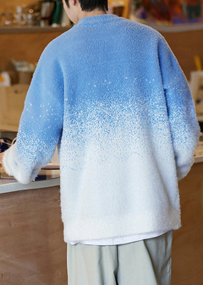 Blue Gradient Color Thick Knit Winter Men Sweater O Neck