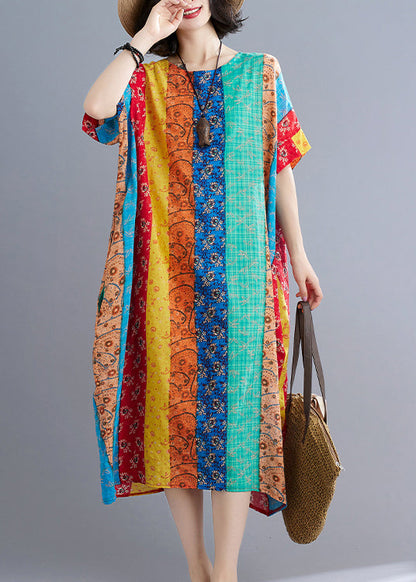 Blau Grün Gestreiftes Patchwork Langes Kleid Kurzarm