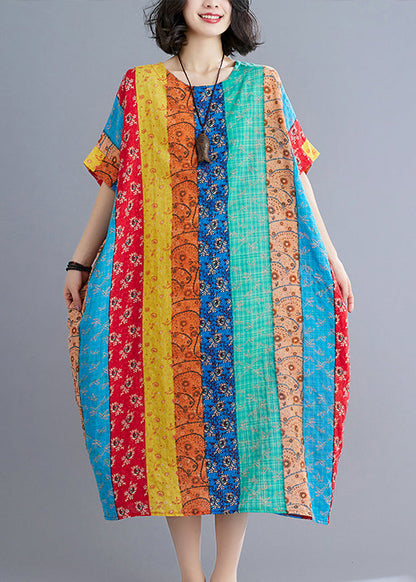 Blau Grün Gestreiftes Patchwork Langes Kleid Kurzarm